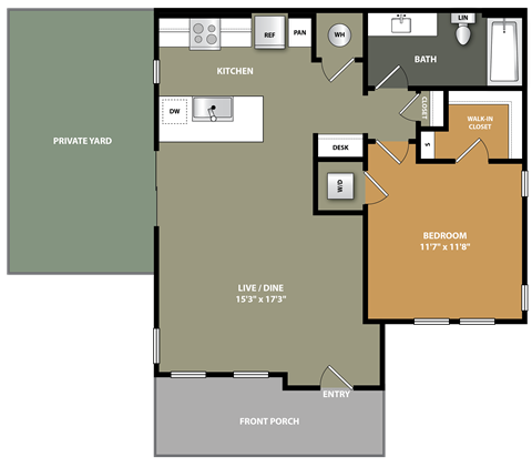 A floor plan of a house with a bedroom, bathroom, kitchen, and living area.
